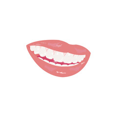 Pink woman mouth is smiling with beautiful  teeth.Lady mouth with Pink,red glossy lips, licking lips on white background . Vector isolated flat design  illustration.Idea for dental  or cosmetic web.