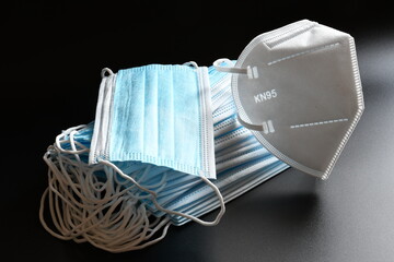 white KN95 or N95 mask with antiviral medical mask for protection against coronavirus. Surgical protective mask. prevention of the spread of virus and pandemic COVID-19.