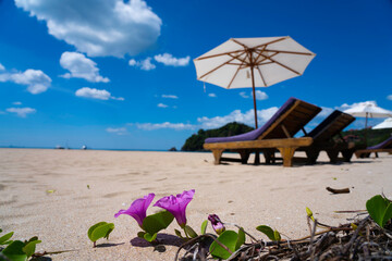 Chairs And Umbrella In Lanta Beach - with blue sky ,Tropical Holiday.