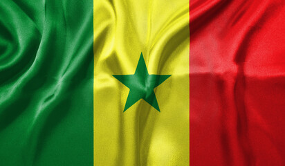 Senegal flag wave close up. Full page Senegal flying flag. Highly detailed realistic 3D rendering