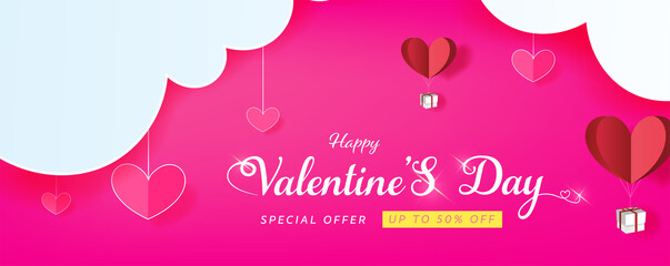 Lovely Happy valentines day greeting banner background with hearts . Vector illustration for banner, Wallpaper, posters, brochure, voucher discount, paper cut style	