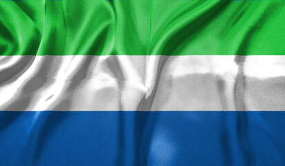 Sierra Leone flag wave close up. Full page Sierra Leone flying flag. Highly detailed realistic 3D rendering