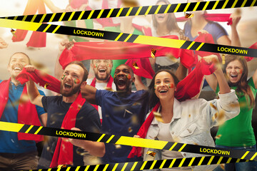 Cancellation. Soccer, football fans women and men cheering for favourite sport team with bright...