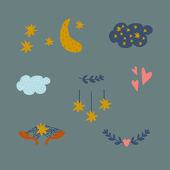 Collection of Fashion baby elements. Set of illustrations of Stars, Clouds, Horns, Heart, Foliage. For posters and fashionable children's clothing. Vector illustration
