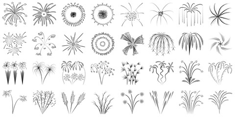 Fireworks in outline style. Set of vector icons isolated on white. A complex form for pyrotechnics.