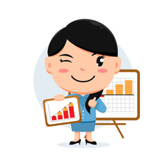 Character of woman holding chart on front chart board with smiley face, smart woman, flat design illustration
