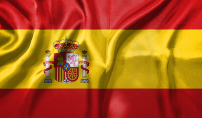 Spain flag wave close up. Full page Spain flying flag. Highly detailed realistic 3D rendering