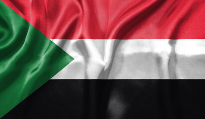 Sudan flag wave close up. Full page Sudan flying flag. Highly detailed realistic 3D rendering