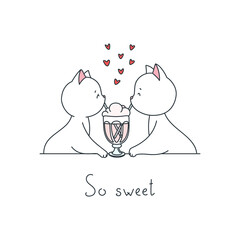 So sweet. Illustration of a cute cat couple in love sharing milkshake isolated on a white background. St. Valentine's day concept. Vector 10 EPS.