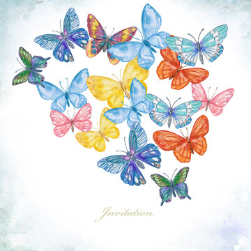 Vintage greeting card with flying cute colorful butterflies. watercolor painting