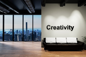 modern clean office waiting area reception with skyline view, wall with creativity lettering, 3D Illustration