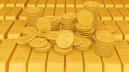 A Lot of coins on Gold bars 1 Kilograms and. 3d rendering - illustration.