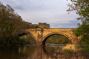 Richmond Castle and Green Bridge over the River Swale, Richmond, North Yorkshire, England, UK