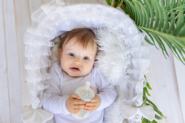 a small baby girl lies in a beautiful cradle in a white bodysuit at home and holds a bottle of milk...
