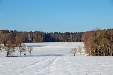 Snowlandscape in Germany with high seat for animal observation