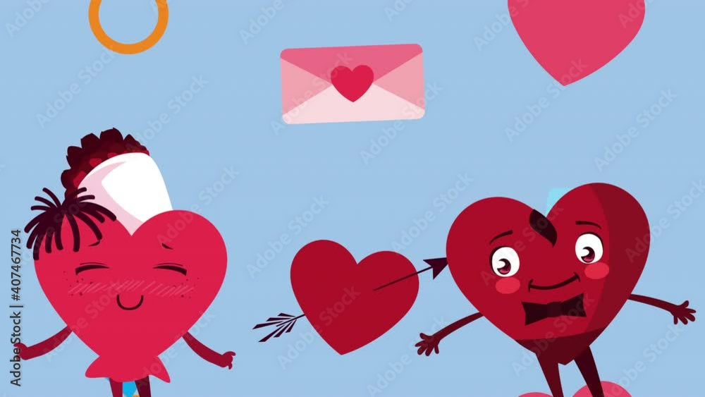 Wall mural happy valentines day card with hearts couple and set icons characters