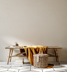 Bench with decor close up in home interior background, wall mock up, 3d render © artjafara