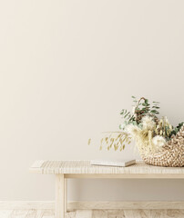 Bench with decor close up in home interior background, wall mock up, 3d render