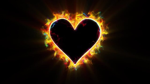 Iridescent multicolored glowing burning heart shape Valentine's Day love card. Vivid multi colored smoke flame. Romantic lovely logo copy space animation. Isolated on black alpha copyspace 4k 60fps