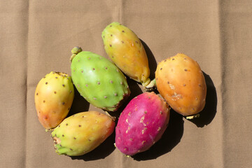 Juicy and colorful prickly pear fruits with small thin spines on the skin