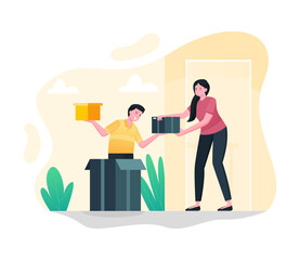 courier delivers the parcel to the female customer from inside the box