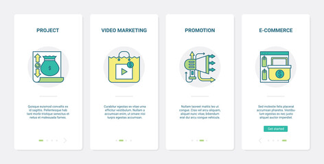 Video marketing promotion digital service vector illustration. UX, UI onboarding mobile app page screen set with line internet project advertising, online commerce success strategy abstract symbols