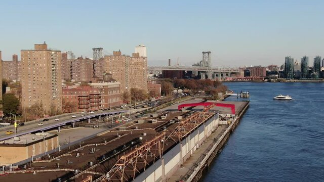 Brooklyn, NY, USA - March 15, 2020 : The Williamsburg Bridge connecting the Lower East Side to Williamsburg