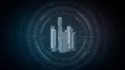 cg industrial 3d illustration, wireframe city district renders
