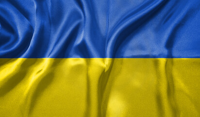 Ukraine flag wave close up. Full page Ukraine flying flag. Highly detailed realistic 3D rendering