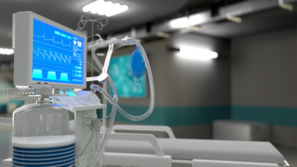 cg healthcare 3d illustration, ICU lung ventilator in hospital