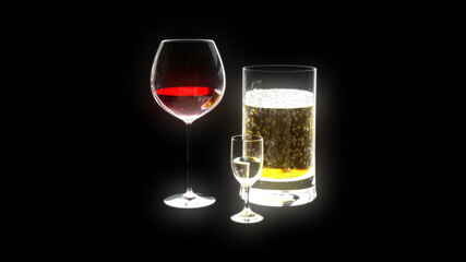 cg industrial 3d illustration, drinks rendered isolated on black