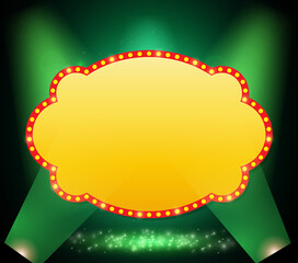 Shining abstract background with green glow spotlights, dust and retro banner