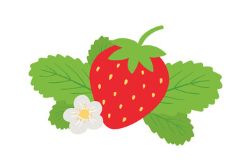 Red strawberry with green leaves and blossoming flower vector cartoon style icon, illustration. - 407470739
