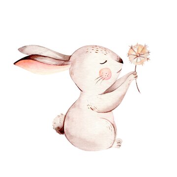 Watercolor Happy Easter baby bunnies design with spring blossom flower. Rabbit bunny kids illustration isolated. 