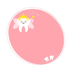 Cute pink vector background with cartoon tooth fairy character for kids dental service.
