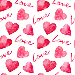 Watercolor seamless pattern with hearts for valentine's day or wedding.