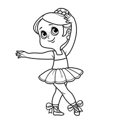 Сute cartoon little ballerina girl dancing outlined for coloring isolated on a white background