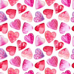 Watercolor seamless pattern with hearts for valentine's day or wedding.