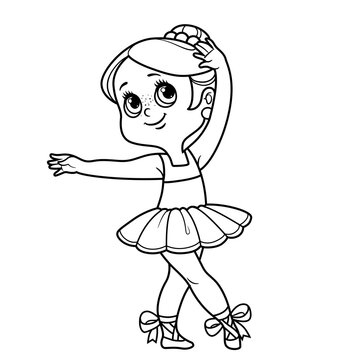 Сute cartoon little ballerina girl dancing outlined for coloring isolated on a white background