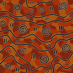 Seamless vector pattern including ethnic Australian motive with dotted different elements on orange background