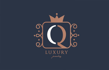 Q monogram alphabet letter logo icon in white and blue color. Creative design with king crown for luxury business and company