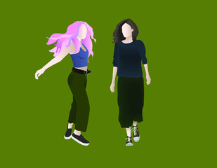 two young girls dressed in casual style on a green background