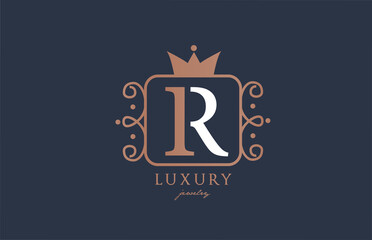 R monogram alphabet letter logo icon in white and blue color. Creative design with king crown for luxury business and company