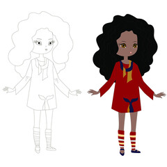 Cute African American girl in a red dress. Vector illustration. Linear drawing for coloring book.