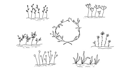 Frames with plants, a wreath of branches. Sketch. Vector illustration.