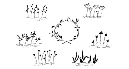 Frames with plants, a wreath of branches. Sketch. Vector illustration.