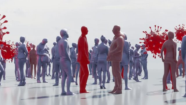 群衆とウイルスの3Dモーショングラフィックス / 社会活動とウイルスの市中感染・感染拡大のコンセプトイメージ