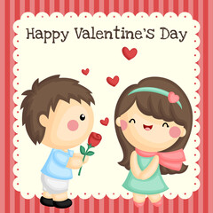 A Vector of Cute Boy Giving Flower to His Girl on Valentine’s Day