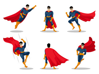 Superheroes characters with people wearing colorful costumes in different poses and actions. Hero set. Male super hero vector cartoon characters.