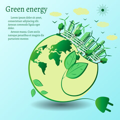 The concept of green energy around the world with wind turbines, solar panels and the city. Renewable sources of solar and wind energy. Vector illustration in flat design style. Space for text